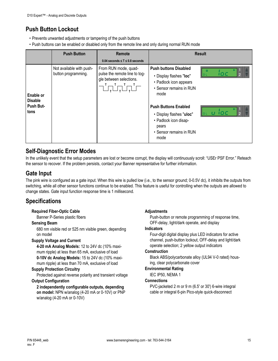 Push button lockout, Self-diagnostic error modes, Gate input | Specifications | Banner D10 Expert with Numeric Display—Discrete User Manual | Page 15 / 19