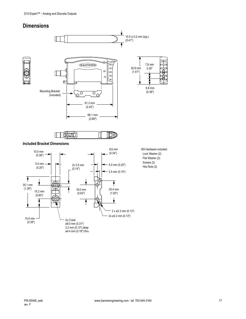 Dimensions, Included bracket dimensions | Banner D10 Expert with Numeric Display—Discrete User Manual | Page 17 / 19