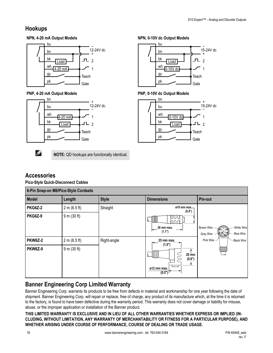 Hookups, Accessories, Banner engineering corp limited warranty | Banner D10 Expert with Numeric Display—Discrete User Manual | Page 18 / 19