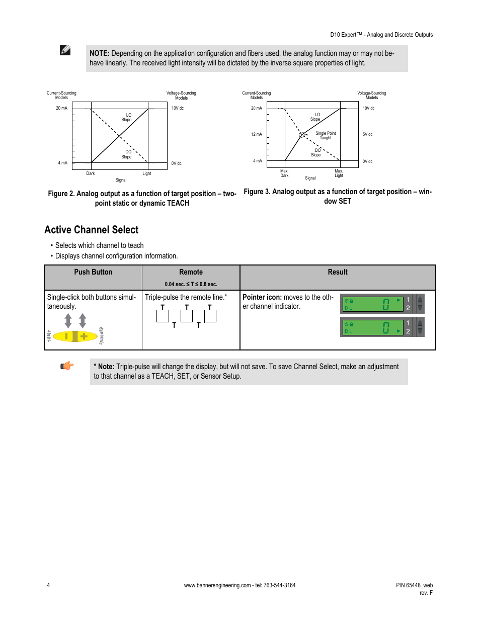 Active channel select, Dynamic teach, Slope of the analog output (refer to | Banner D10 Expert with Numeric Display—Discrete User Manual | Page 4 / 19