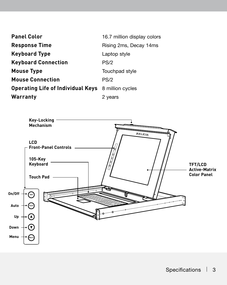 Panel color, Response time, Keyboard type | Keyboard connection, Mouse type, Mouse connection, Operating life of individual keys, Warranty | Belkin F1DC101C-US User Manual | Page 3 / 10