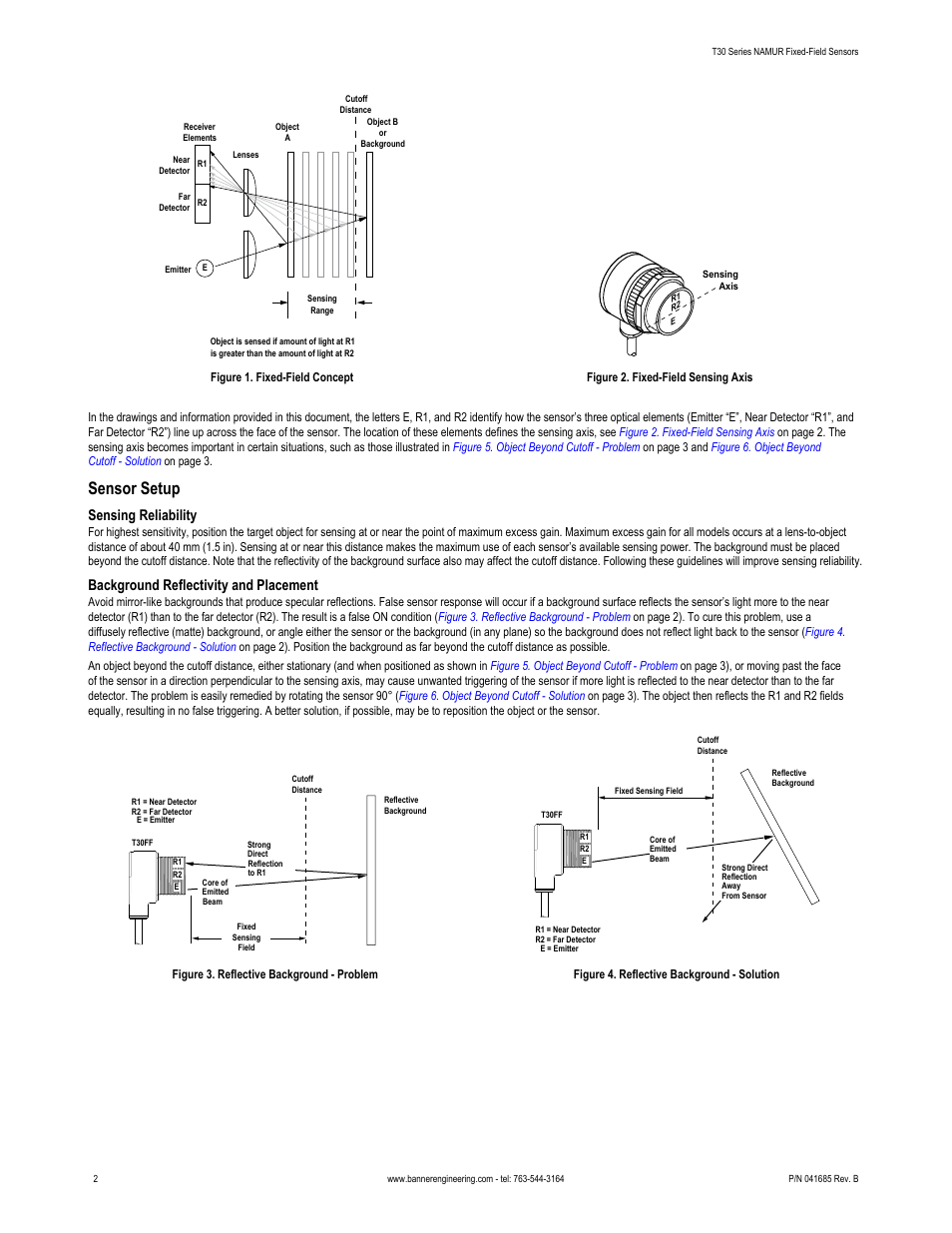 Figure 1, Fixed-field concept, Background reflectivity and placement | Sensor setup, Sensing reliability | Banner T30 Series User Manual | Page 2 / 5