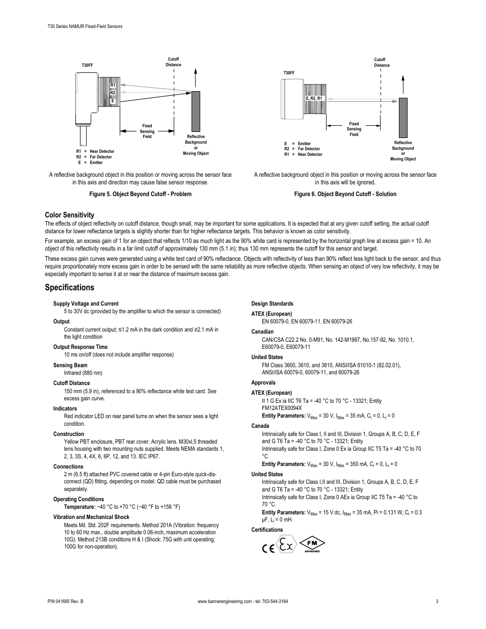 Figure 5. object beyond cutoff - problem, Figure 6. object beyond, Cutoff - solution | Figure 6. object beyond cutoff - solution, Specifications, Color sensitivity | Banner T30 Series User Manual | Page 3 / 5