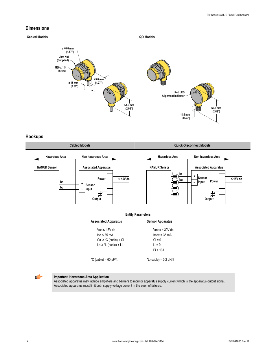 Dimensions, Hookups | Banner T30 Series User Manual | Page 4 / 5