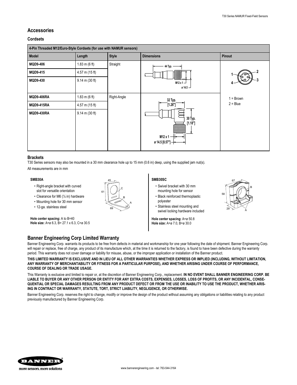 Accessories, Banner engineering corp limited warranty | Banner T30 Series User Manual | Page 5 / 5