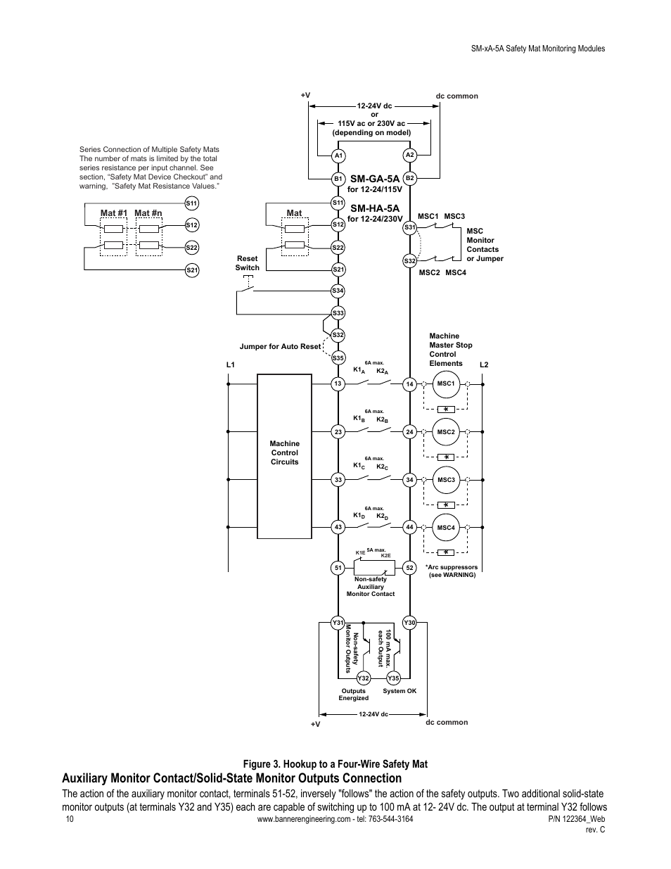 Figure 3. hookup to a four-wire safety mat, Sm-ga-5a, Sm-ha-5a | Banner Safety Mat Monitoring Modules User Manual | Page 10 / 16
