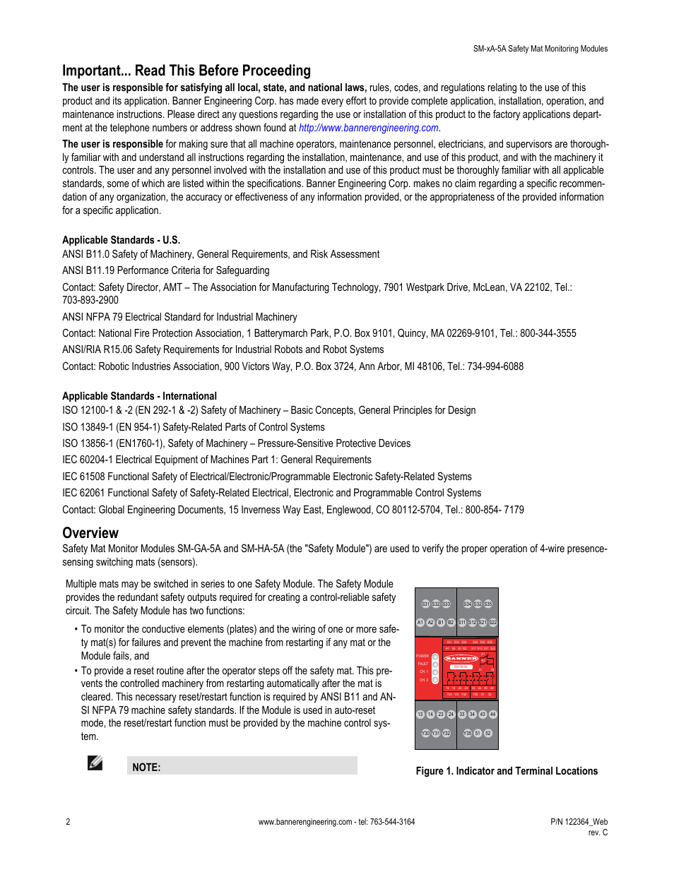 Important... read this before proceeding, Overview, Figure 1. indicator and terminal locations | Banner Safety Mat Monitoring Modules User Manual | Page 2 / 16