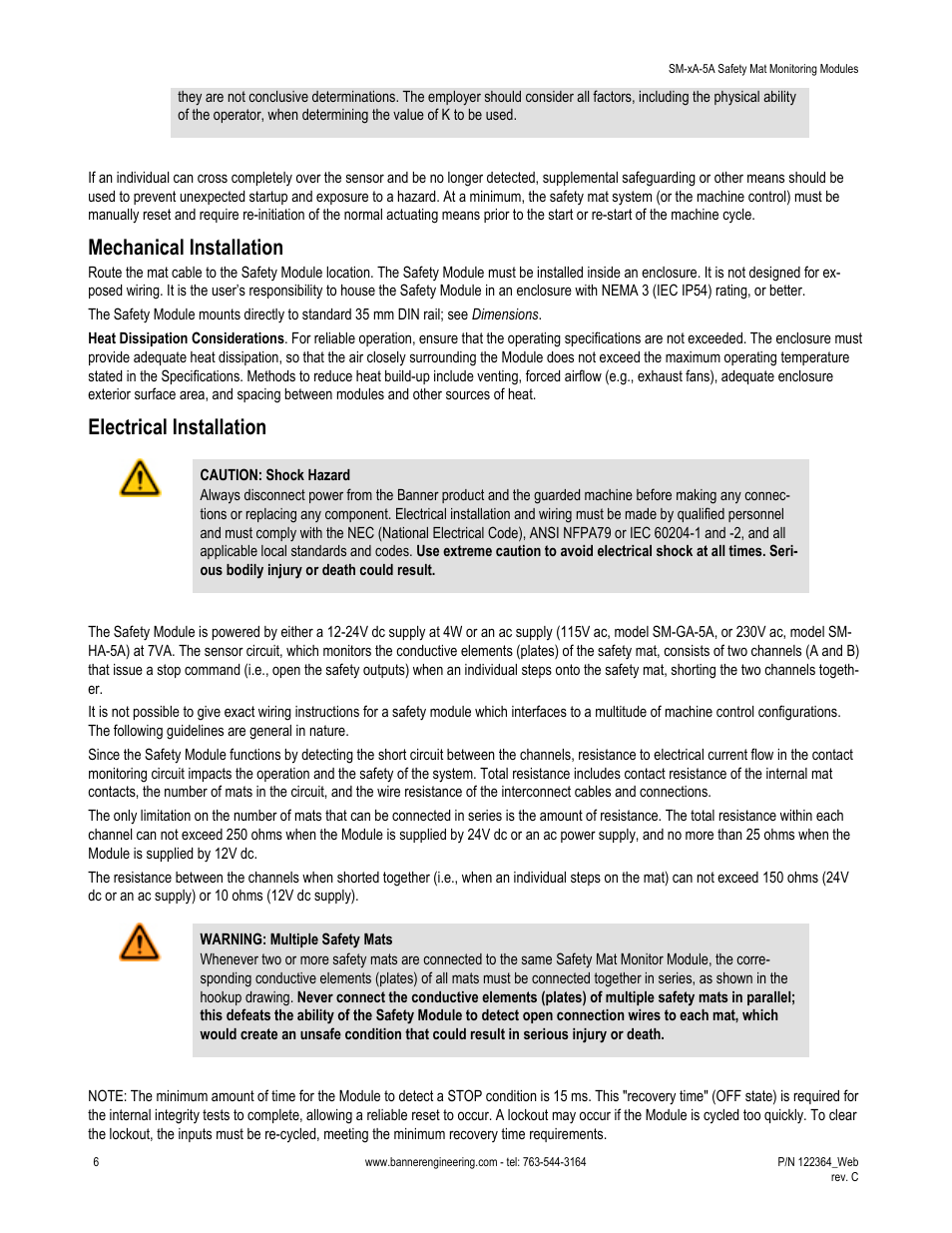 Mechanical installation, Electrical installation | Banner Safety Mat Monitoring Modules User Manual | Page 6 / 16