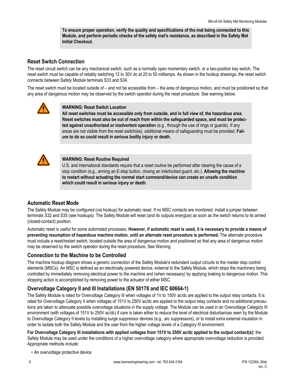 Reset switch connection, Automatic reset mode, Connection to the machine to be controlled | Banner Safety Mat Monitoring Modules User Manual | Page 8 / 16