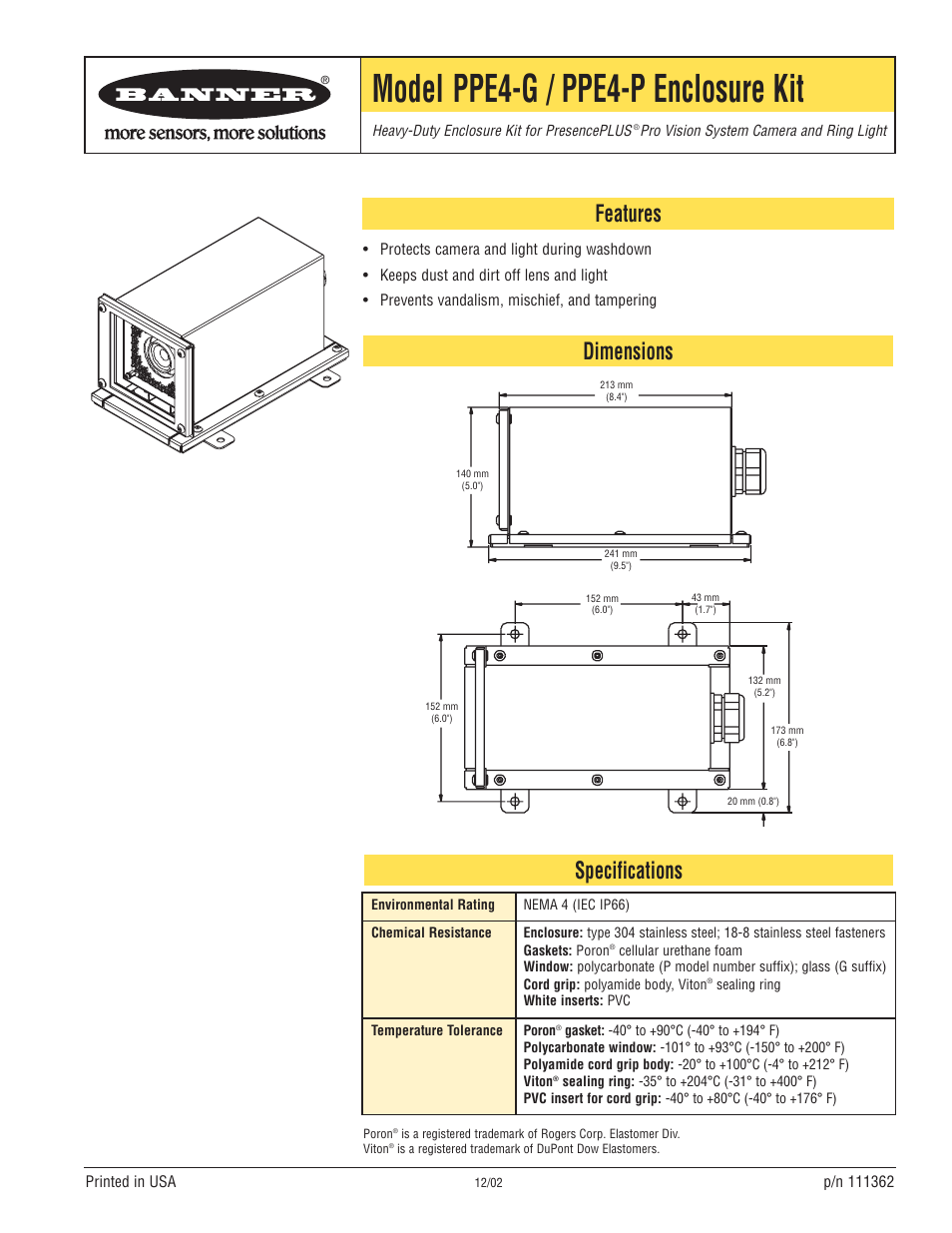 Banner PPE-P PresencePLUS Pro Enclosures User Manual | 2 pages