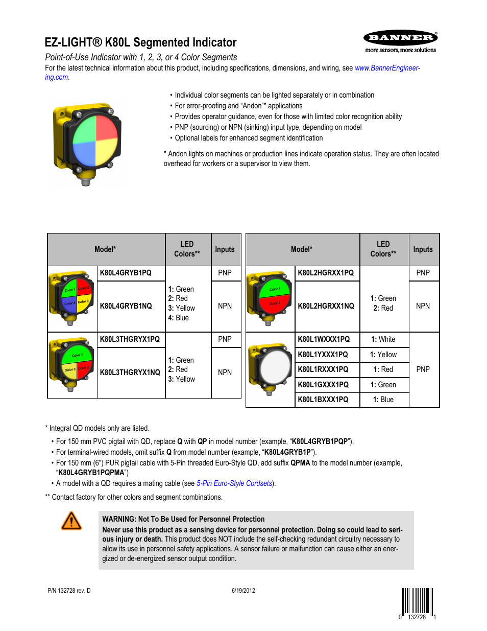 Banner K80L Segmented EZ-LIGHT User Manual | 6 pages