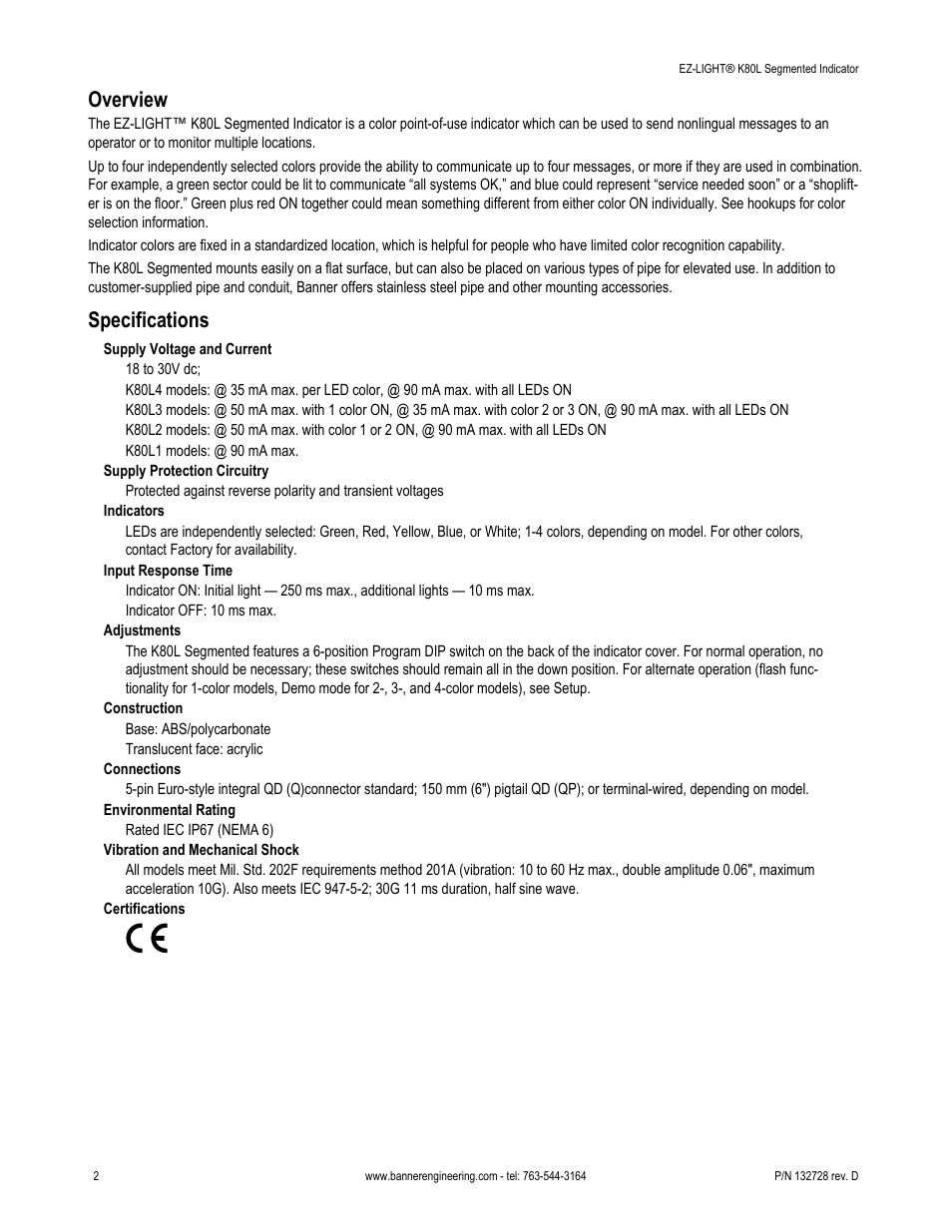 Overview, Specifications | Banner K80L Segmented EZ-LIGHT User Manual | Page 2 / 6