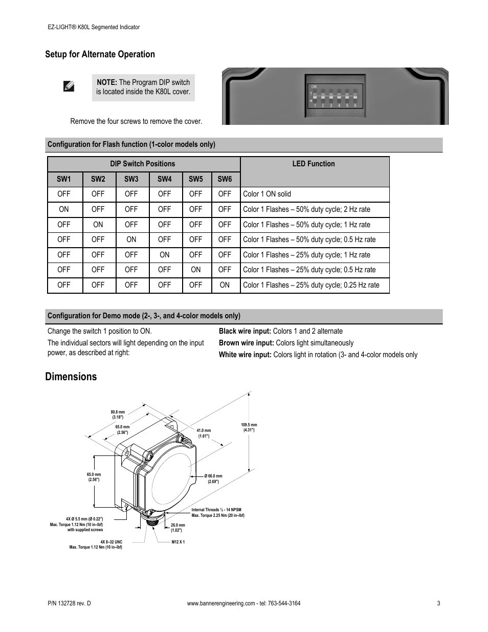 Dimensions, Setup for alternate operation | Banner K80L Segmented EZ-LIGHT User Manual | Page 3 / 6