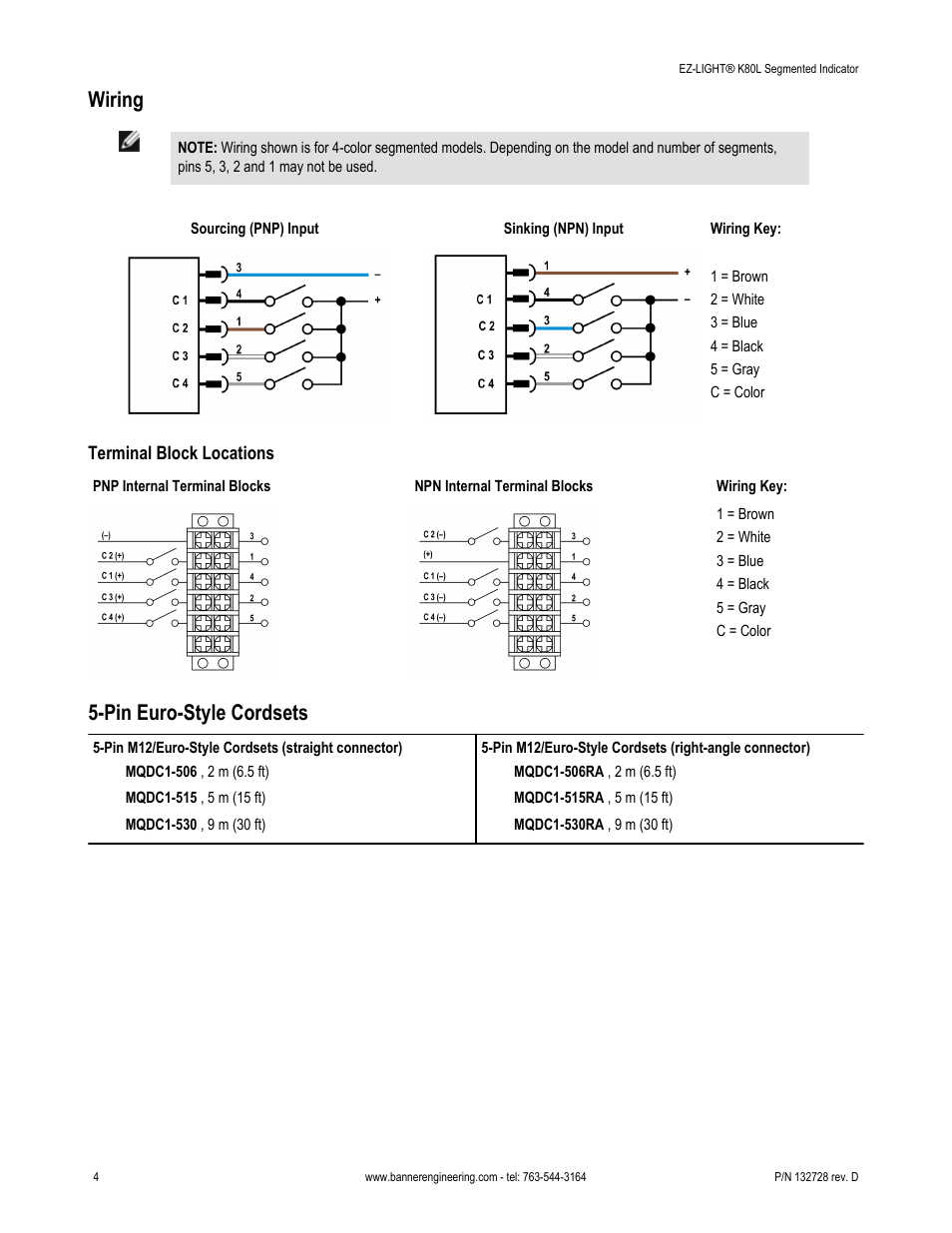 Wiring, Pin euro-style cordsets | Banner K80L Segmented EZ-LIGHT User Manual | Page 4 / 6