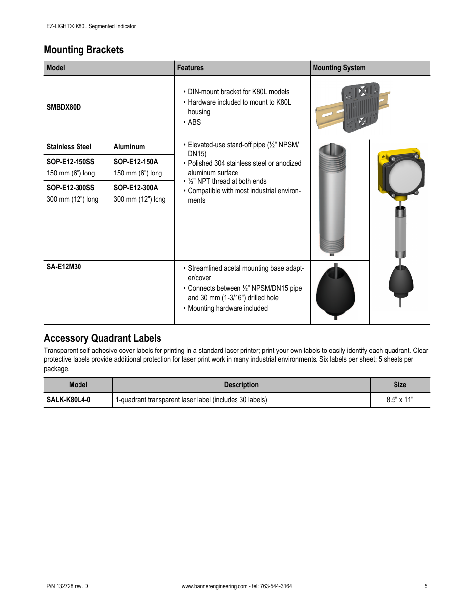 Mounting brackets, Accessory quadrant labels | Banner K80L Segmented EZ-LIGHT User Manual | Page 5 / 6