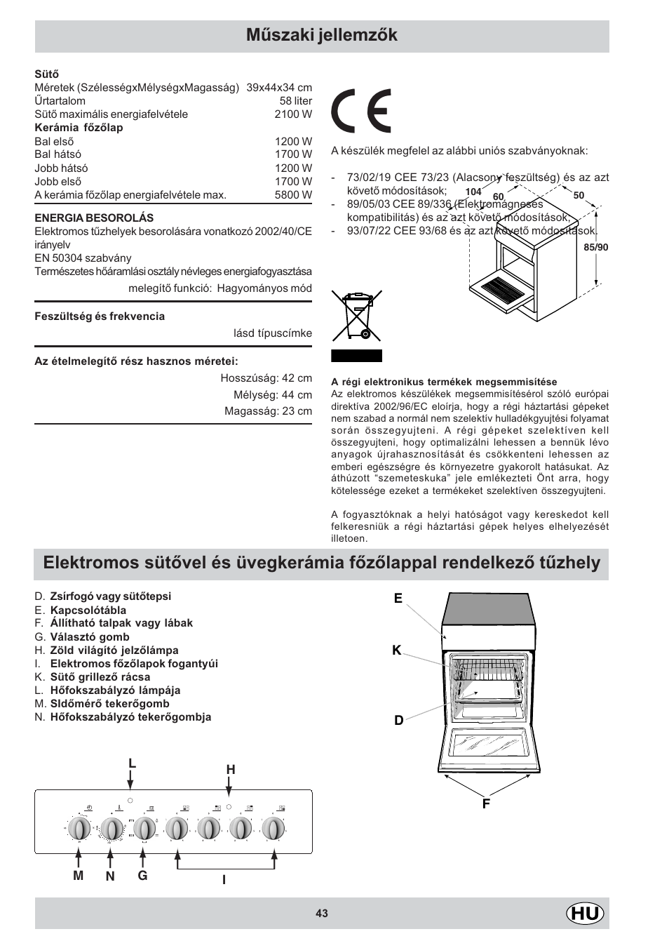Mûszaki jellemzõk | Indesit K3C11/R User Manual | Page 43 / 68