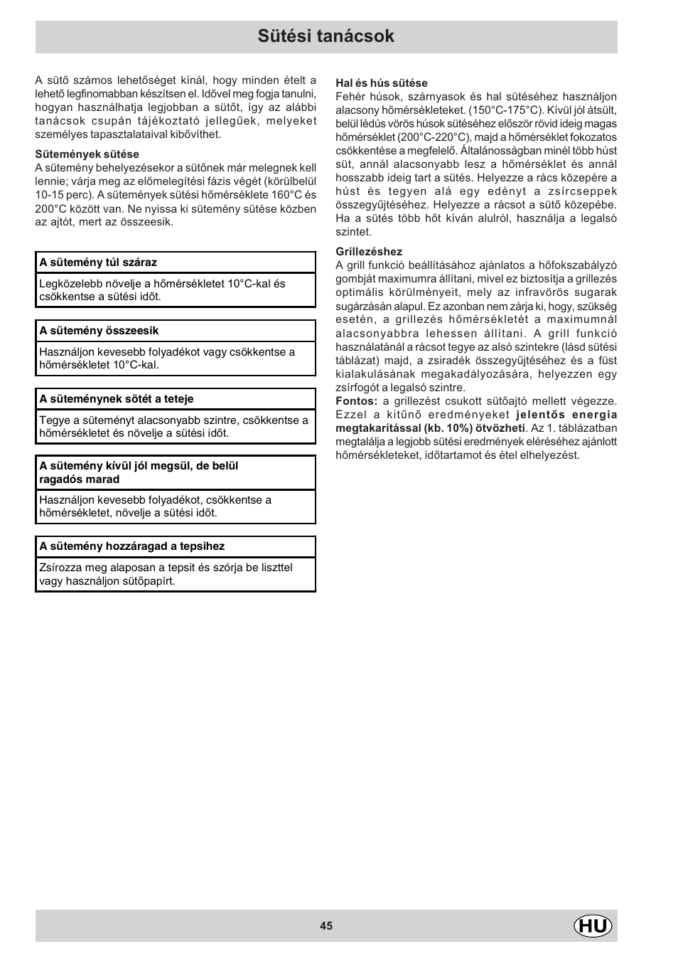 Sütési tanácsok | Indesit K3C11/R User Manual | Page 45 / 68
