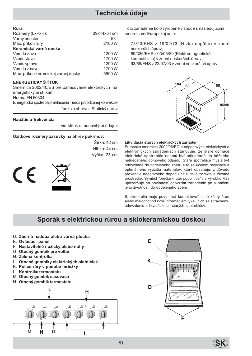Technické údaje, Sporák s elektrickou rúrou a sklokeramickou doskou | Indesit K3C11/R User Manual | Page 51 / 68