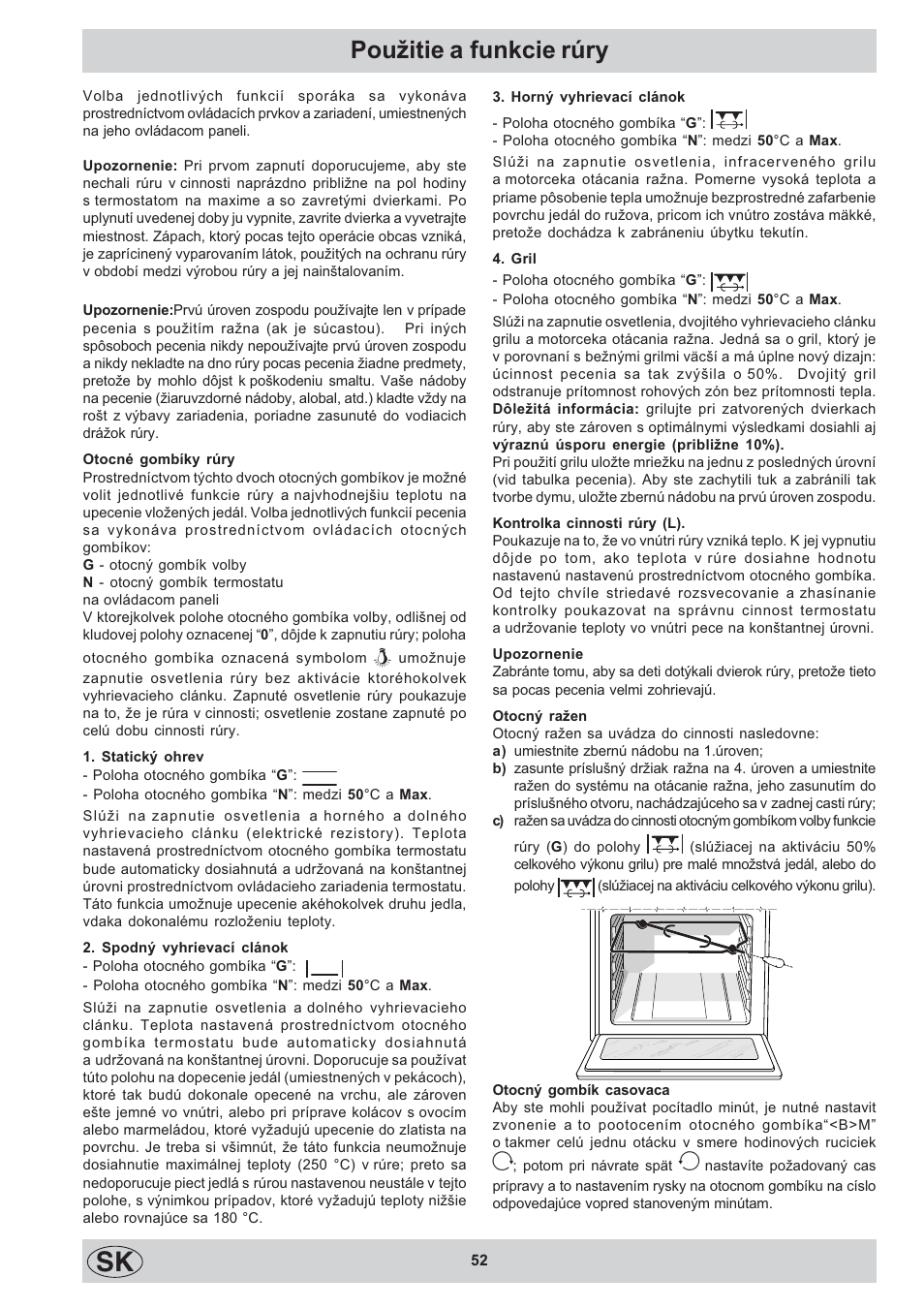 Pouitie a funkcie rúry | Indesit K3C11/R User Manual | Page 52 / 68