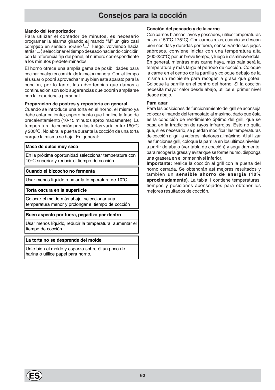 Consejos para la cocción | Indesit K3C11/R User Manual | Page 62 / 68