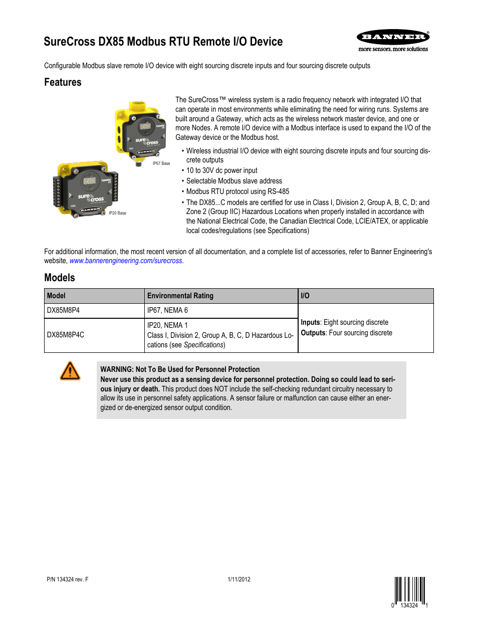Banner SureCross DX85 Modbus RTU Remote I/O Device User Manual | 9 pages