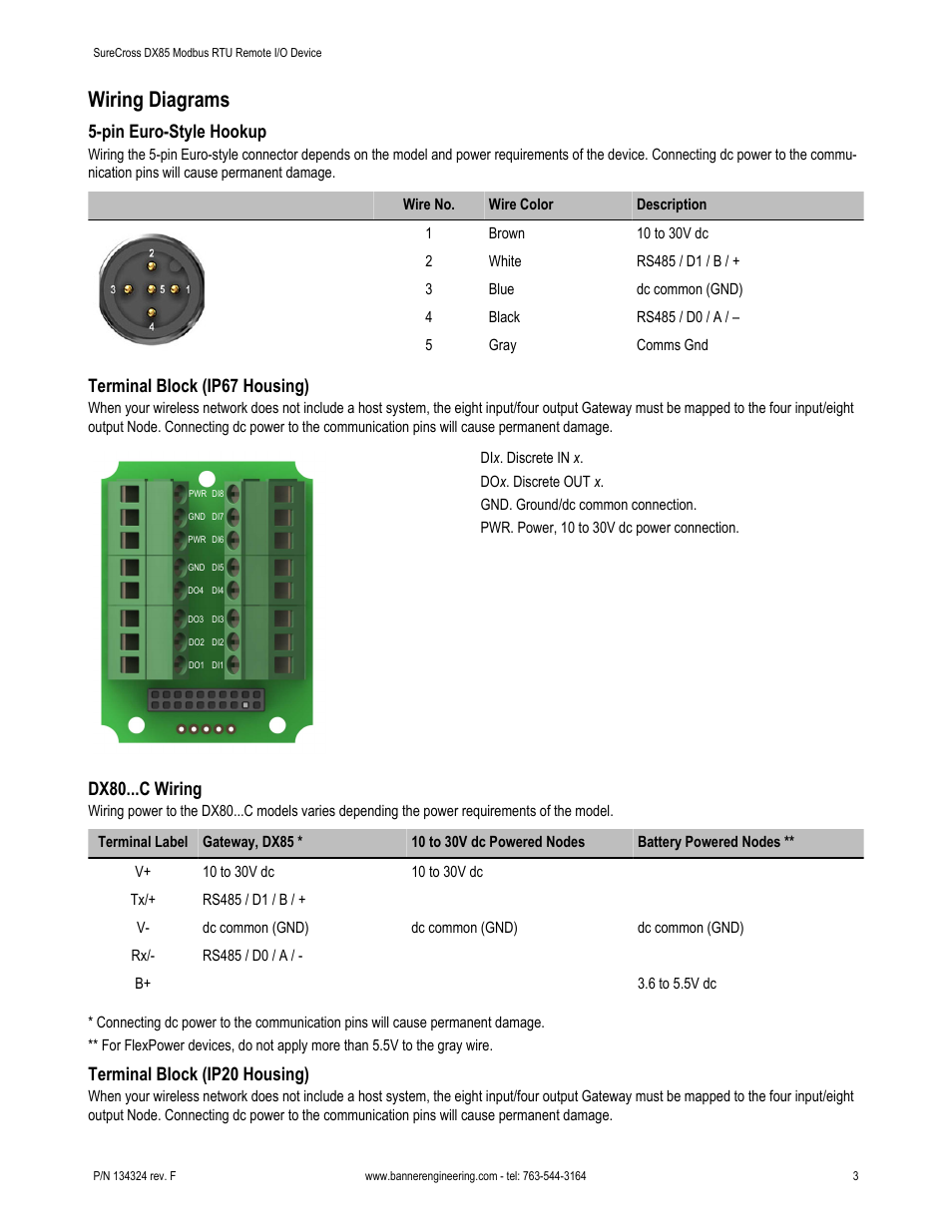 Wiring diagrams, Pin euro-style hookup, Terminal block (ip67 housing) | Dx80...c wiring, Terminal block (ip20 housing) | Banner SureCross DX85 Modbus RTU Remote I/O Device User Manual | Page 3 / 9
