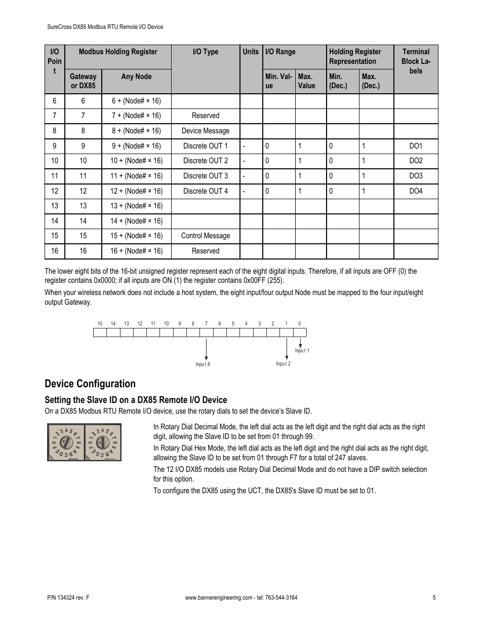 Device configuration, Setting the slave id on a dx85 remote i/o device | Banner SureCross DX85 Modbus RTU Remote I/O Device User Manual | Page 5 / 9