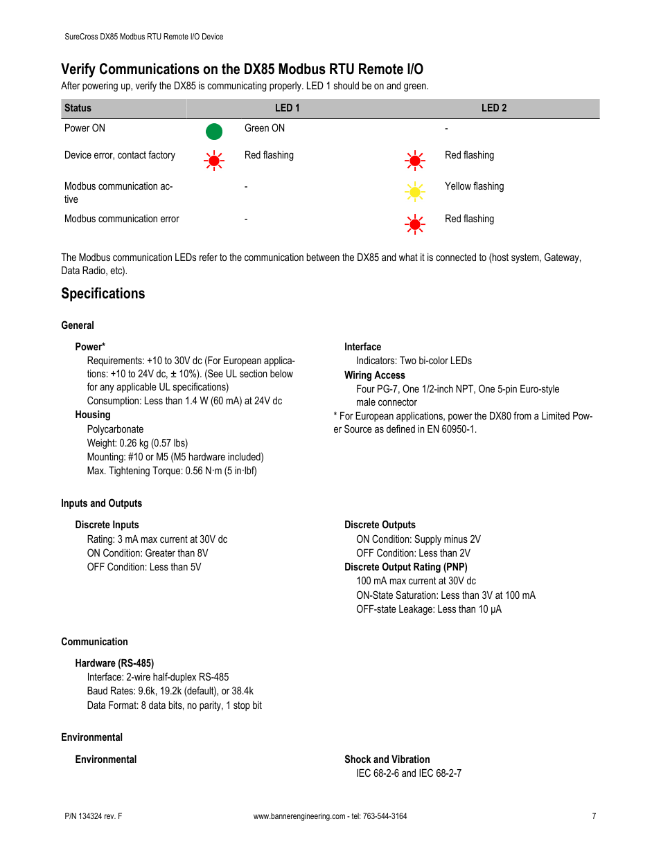 Specifications | Banner SureCross DX85 Modbus RTU Remote I/O Device User Manual | Page 7 / 9