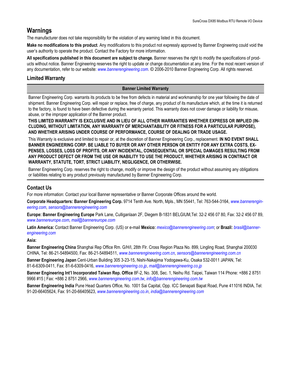 Warnings | Banner SureCross DX85 Modbus RTU Remote I/O Device User Manual | Page 9 / 9