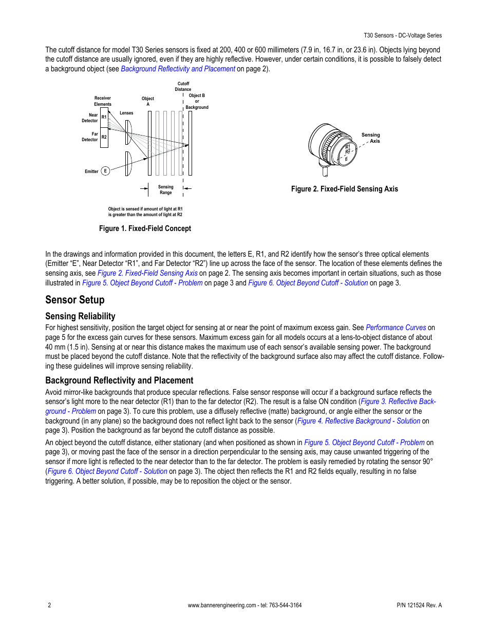 Sensor setup, Sensing reliability, Background reflectivity and placement | Banner T30 Series User Manual | Page 2 / 7