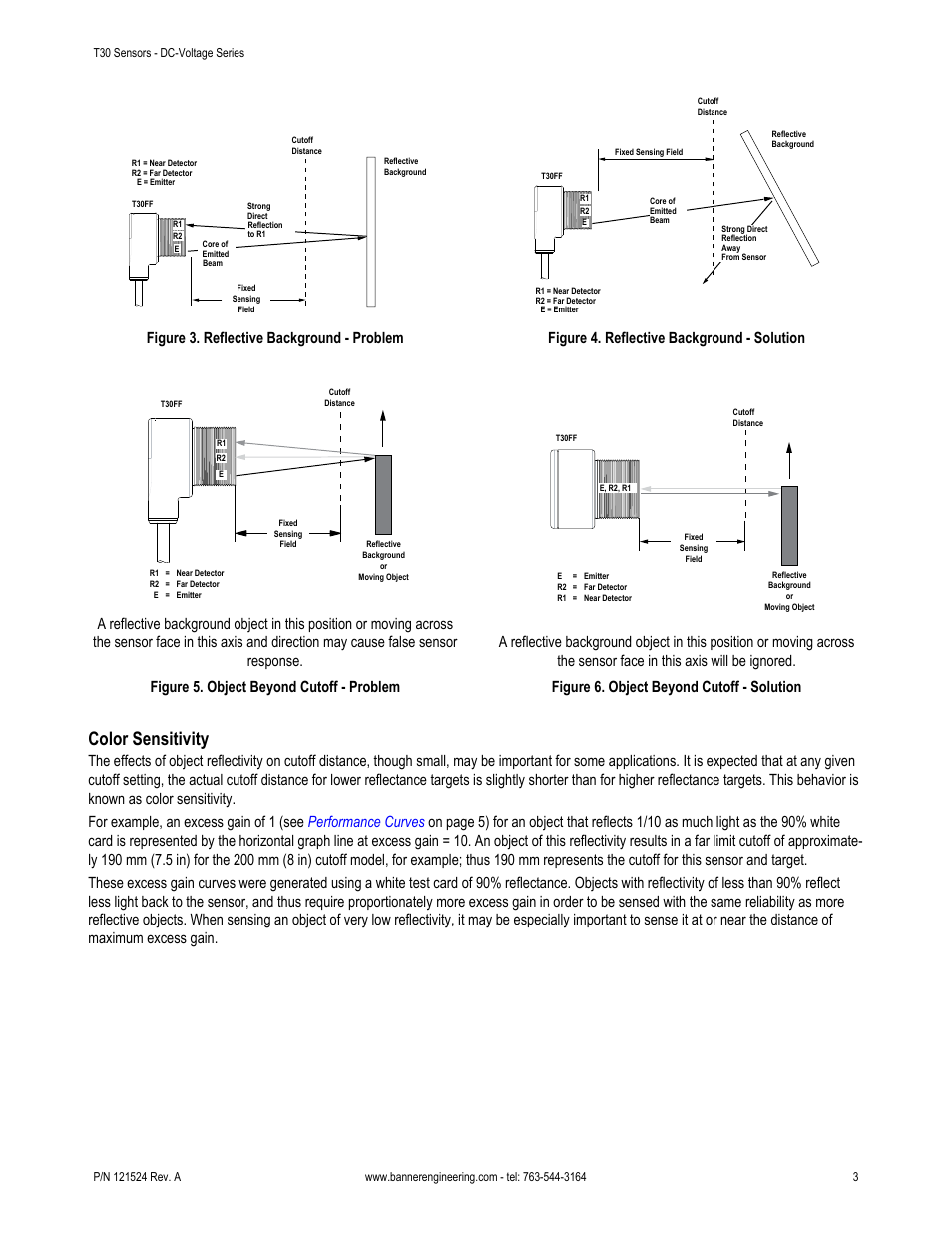 Figure 5. object beyond cutoff - problem, Figure 6. object beyond cutoff - solution, Figure 3. reflective back | Ground - problem, Figure 4. reflective background - solution, Color sensitivity, Figure 3. reflective background - problem | Banner T30 Series User Manual | Page 3 / 7