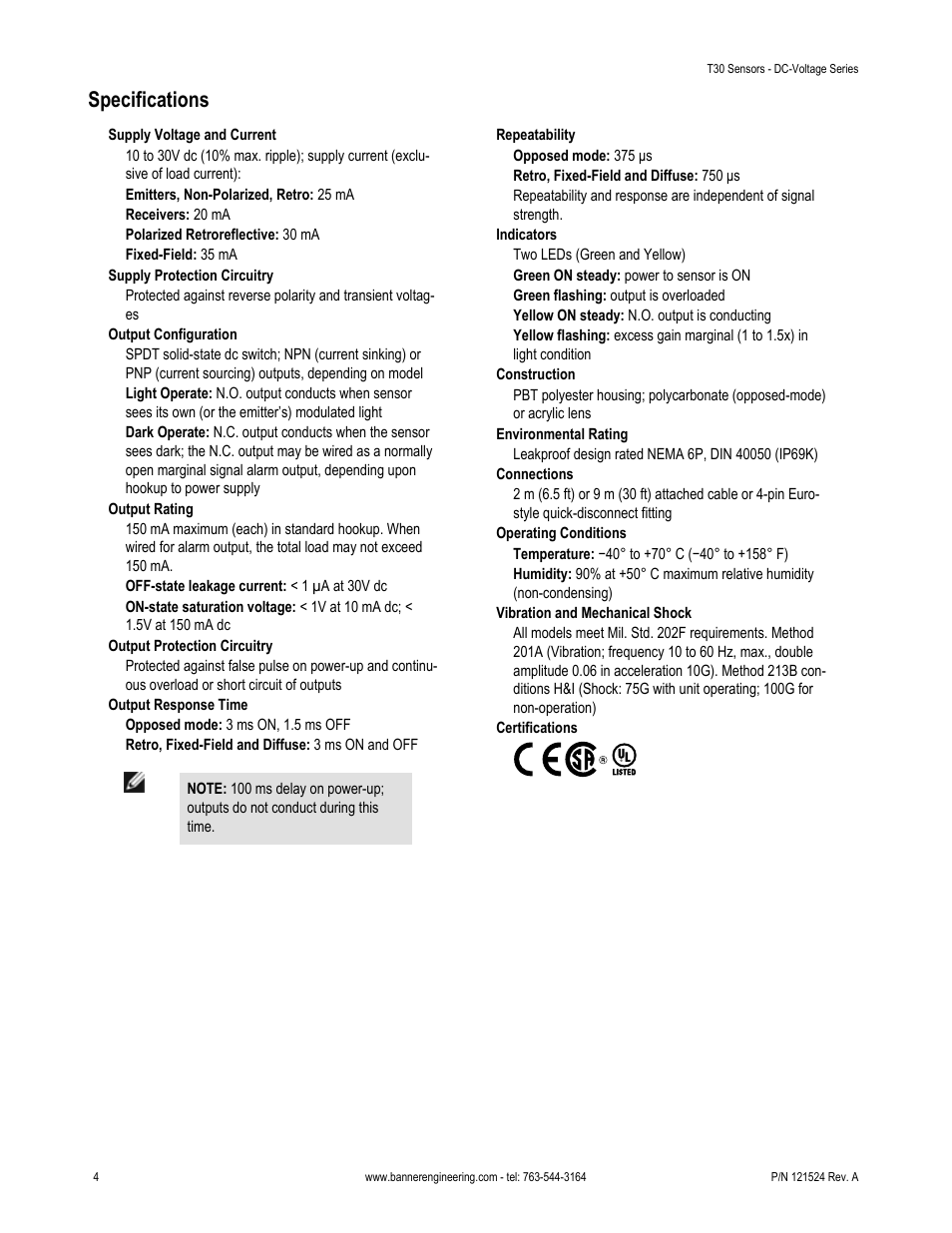 Specifications | Banner T30 Series User Manual | Page 4 / 7