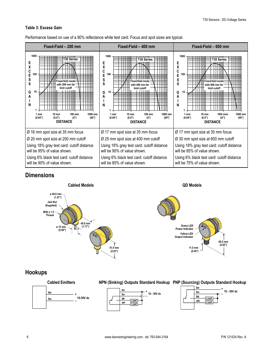 Dimensions, Hookups, Cabled models | Qd models, Cabled emitters, Npn (sinking) outputs standard hookup, Pnp (sourcing) outputs standard hookup | Banner T30 Series User Manual | Page 6 / 7