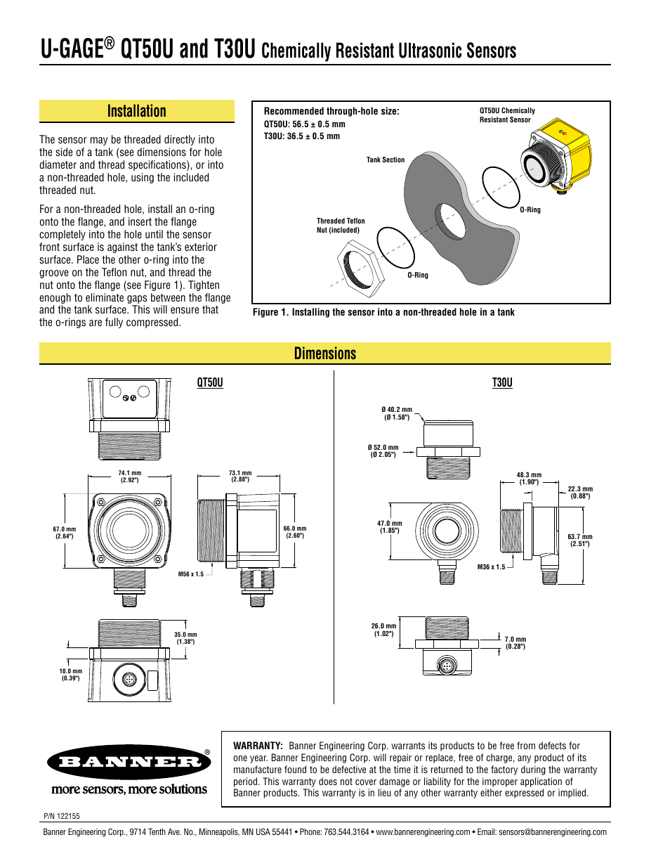 U-gage, Qt50u and t30u, Chemically resistant ultrasonic sensors | Installation, Dimensions, Qt50u t30u | Banner U-GAGE T30U—Level Control User Manual | Page 2 / 2