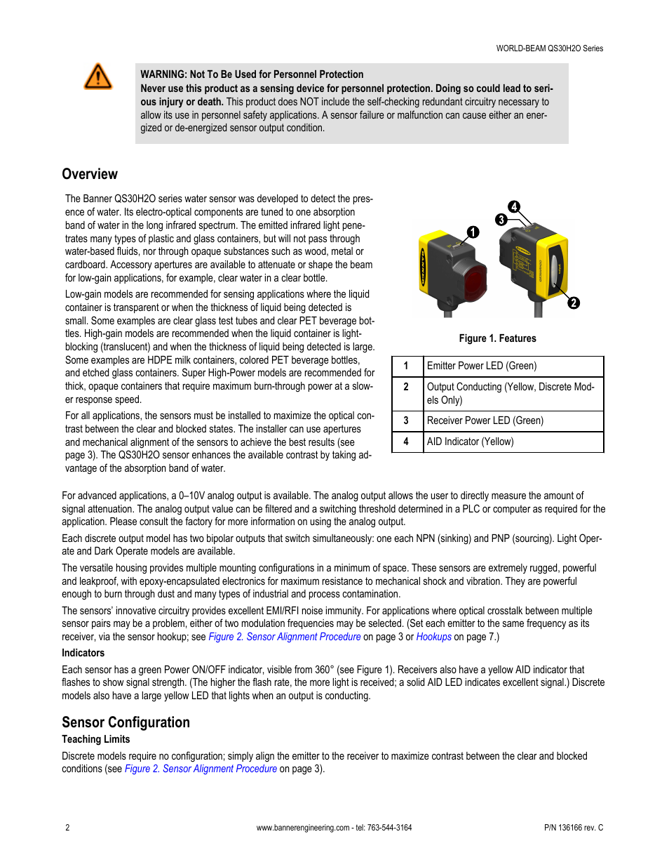 Overview, Sensor configuration | Banner WORLD-BEAM QS30 Water Sensor User Manual | Page 2 / 10