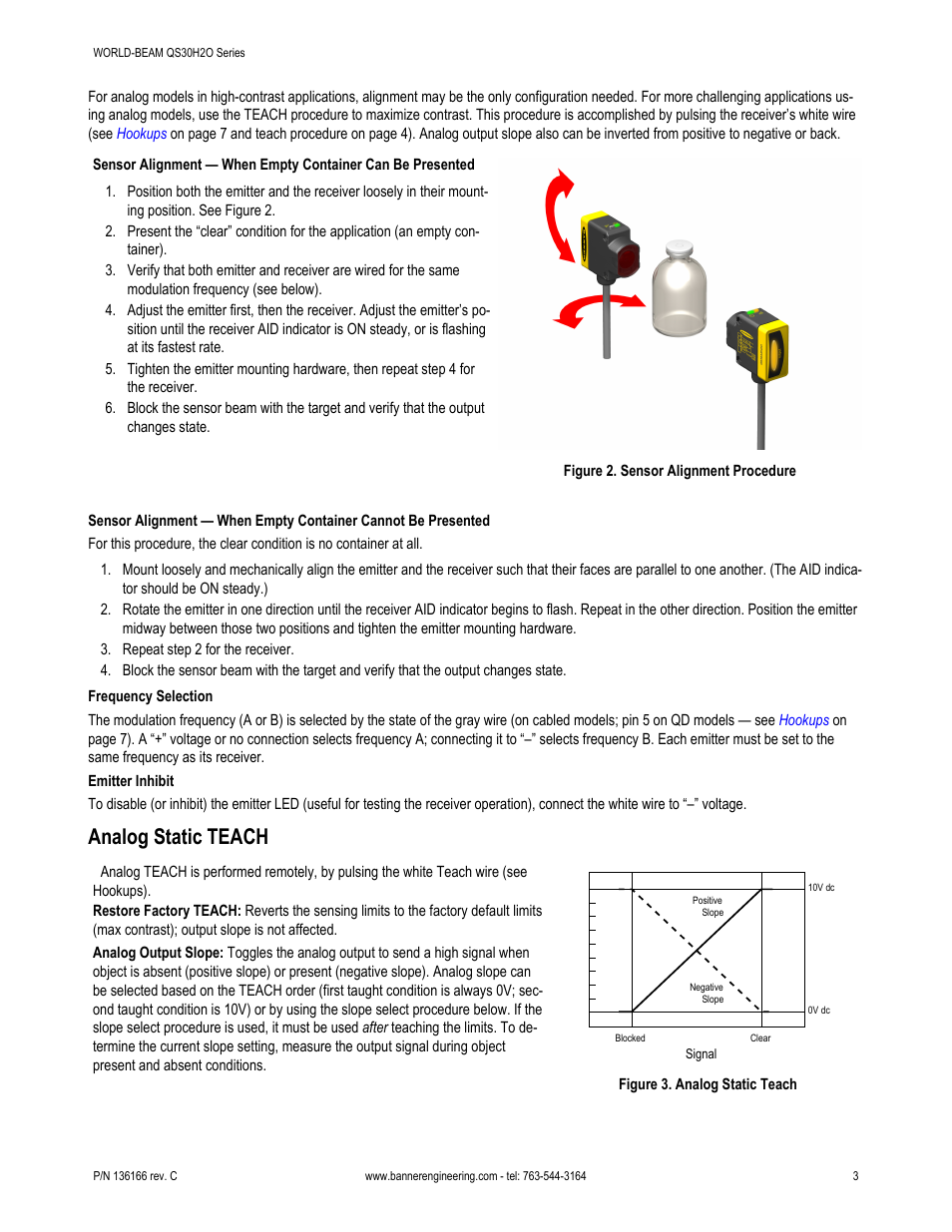 Receiver, via the sensor hookup; see, Figure 2. sensor alignment procedure, Analog static teach | Banner WORLD-BEAM QS30 Water Sensor User Manual | Page 3 / 10