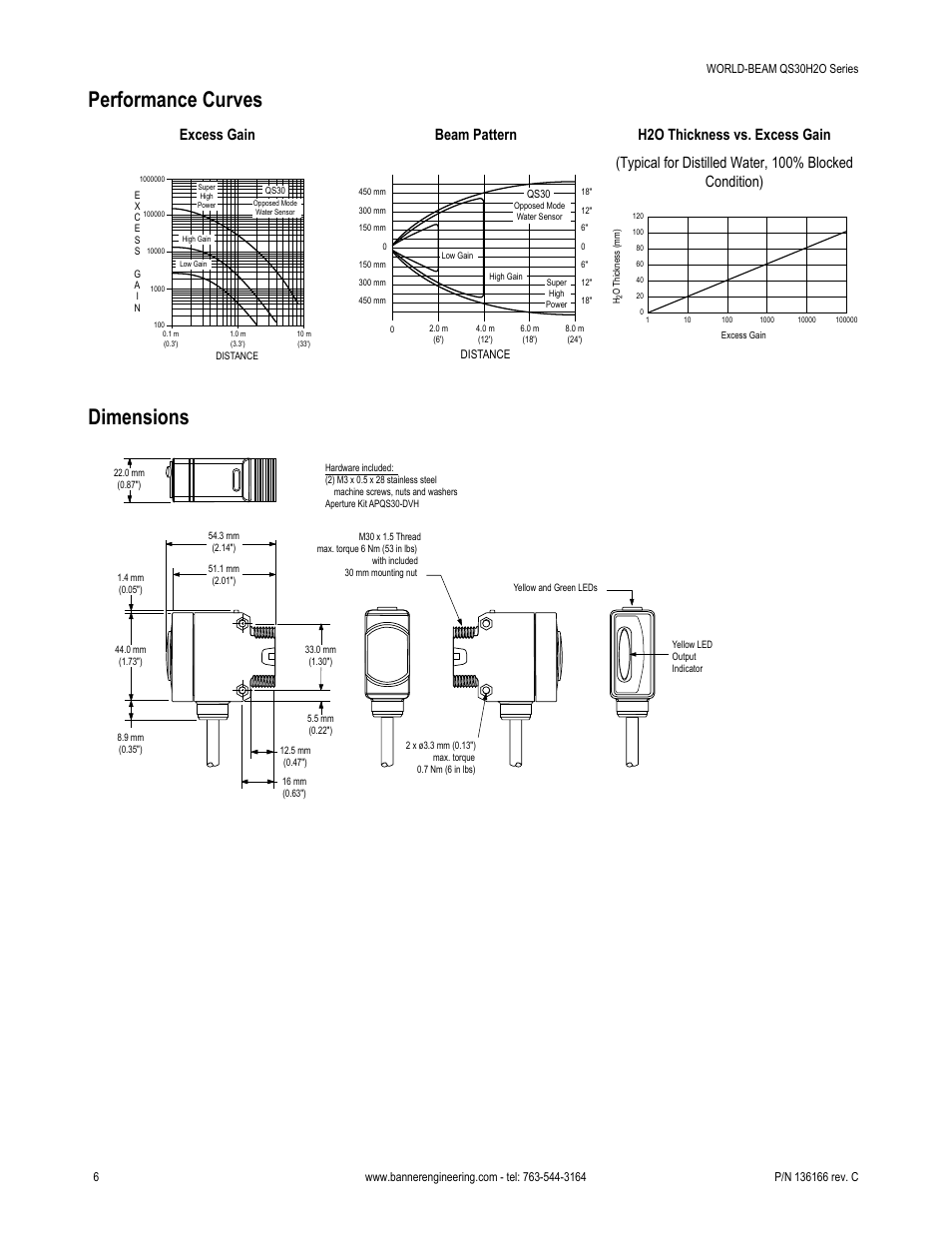 Performance curves, Dimensions | Banner WORLD-BEAM QS30 Water Sensor User Manual | Page 6 / 10