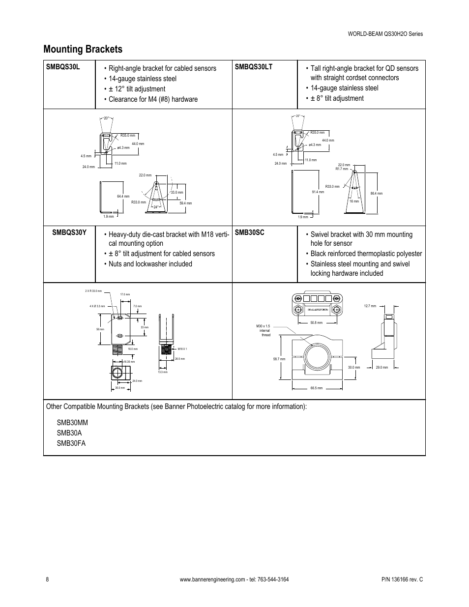 Mounting brackets | Banner WORLD-BEAM QS30 Water Sensor User Manual | Page 8 / 10