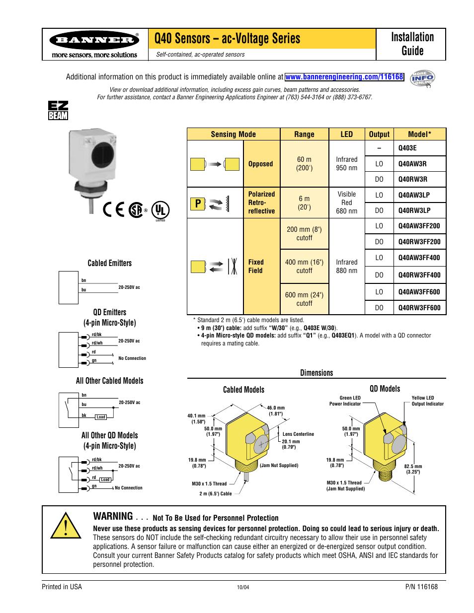 Banner Q40 Series User Manual | 2 pages