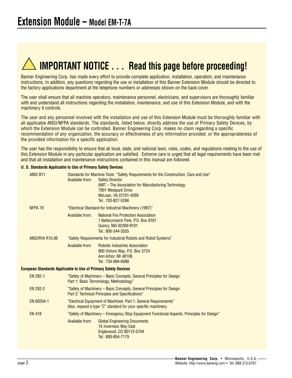 Extension module, Model em-t-7a | Banner Extension Modules User Manual | Page 2 / 8