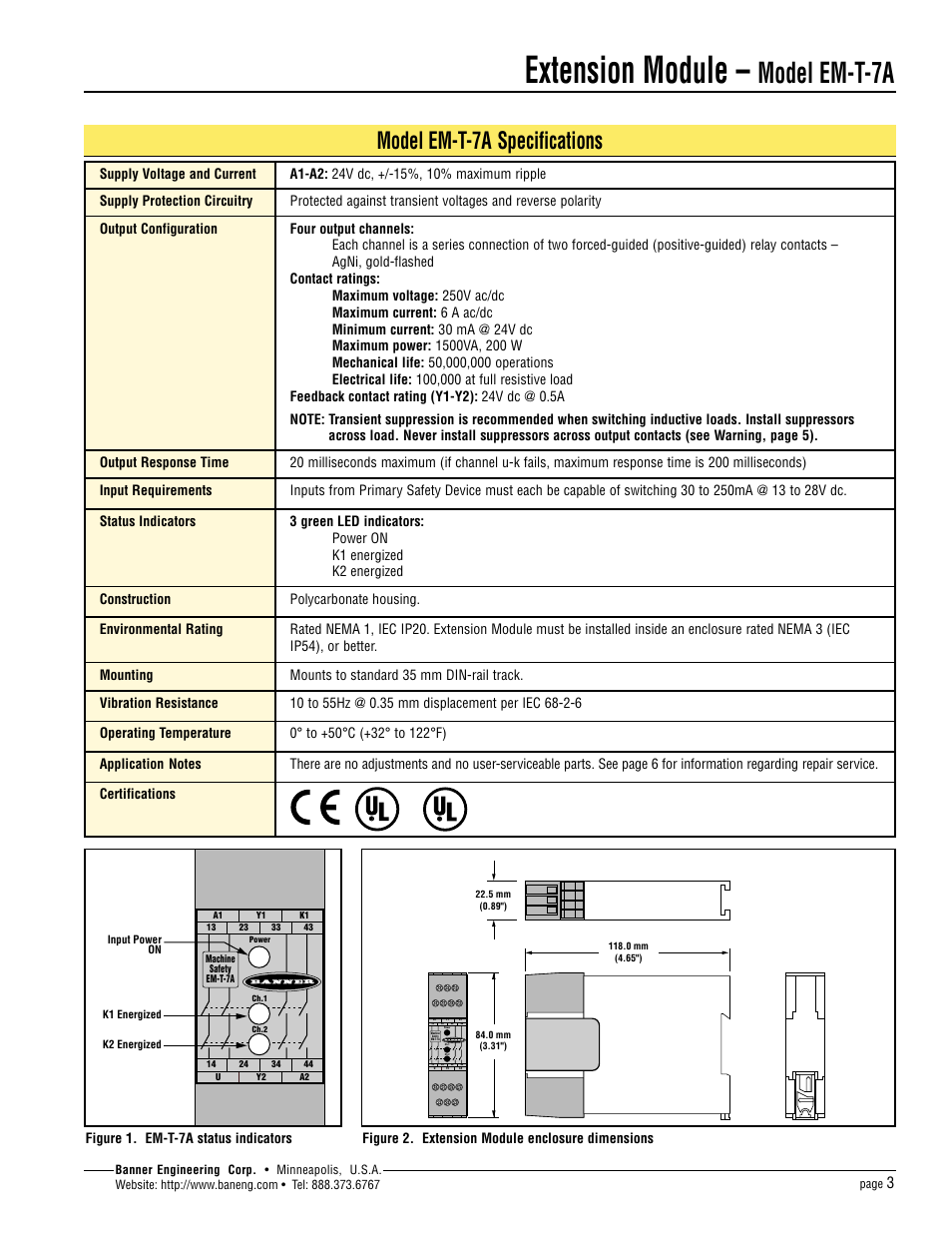 Extension module, Model em-t-7a, Model em-t-7a specifications | Figure 2. extension module enclosure dimensions, Figure 1. em-t-7a status indicators certifications | Banner Extension Modules User Manual | Page 3 / 8