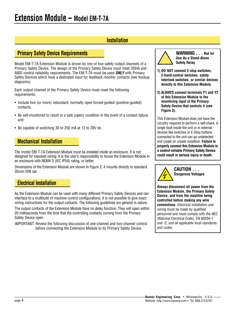 Extension module, Model em-t-7a, Installation primary safety device requirements | Mechanical installation, Electrical installation | Banner Extension Modules User Manual | Page 4 / 8