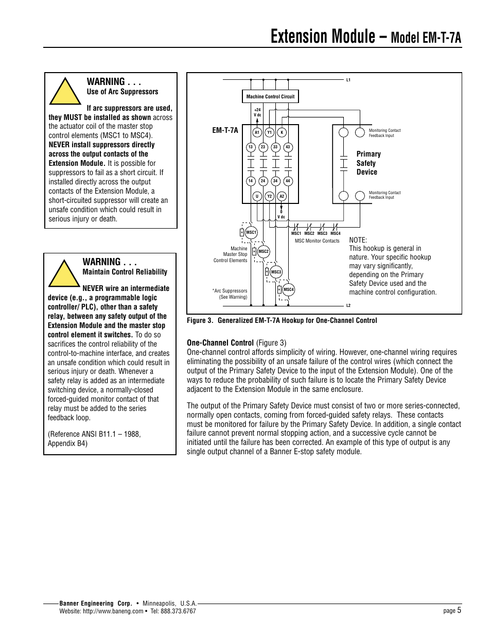 Extension module, Model em-t-7a, Warning | Banner Extension Modules User Manual | Page 5 / 8