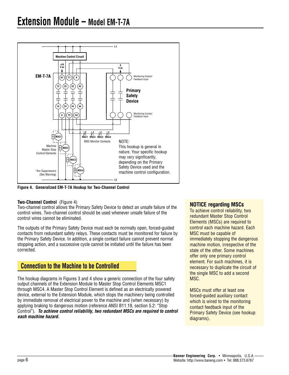 Extension module, Model em-t-7a, Connection to the machine to be controlled | Notice regarding mscs | Banner Extension Modules User Manual | Page 6 / 8