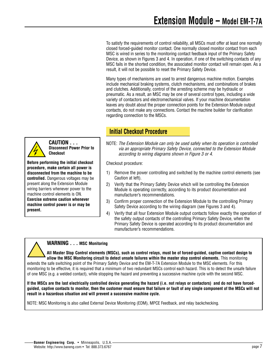 Extension module, Model em-t-7a, Initial checkout procedure | Banner Extension Modules User Manual | Page 7 / 8