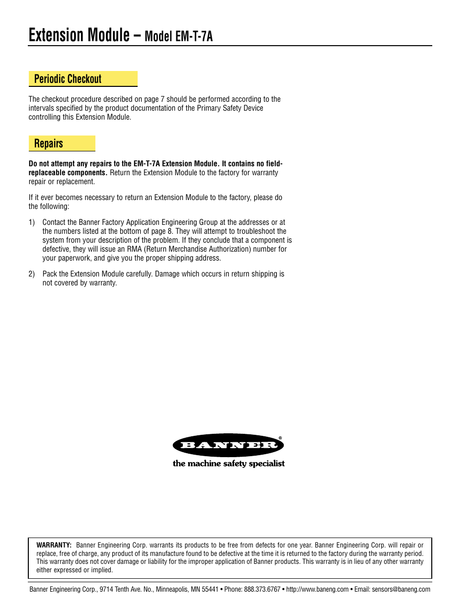 Extension module, Model em-t-7a, Periodic checkout | Repairs | Banner Extension Modules User Manual | Page 8 / 8