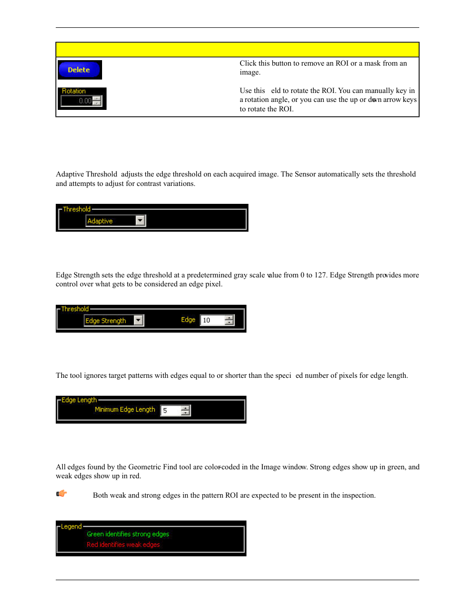Threshold, Adaptive threshold, Edge strength | Edge length, Legend | Banner PresencePLUS Pro COLOR—PROII Camera User Manual | Page 108 / 392