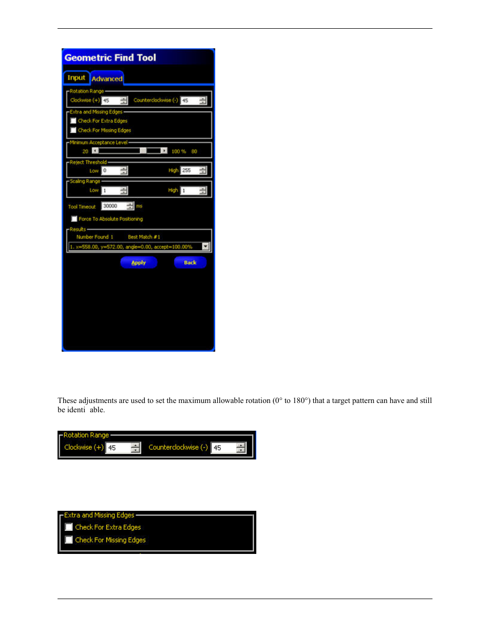 Rotation range, Extra and missing edges | Banner PresencePLUS Pro COLOR—PROII Camera User Manual | Page 110 / 392