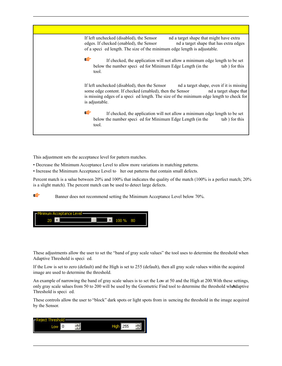 Minimum acceptance level, Reject threshold | Banner PresencePLUS Pro COLOR—PROII Camera User Manual | Page 111 / 392
