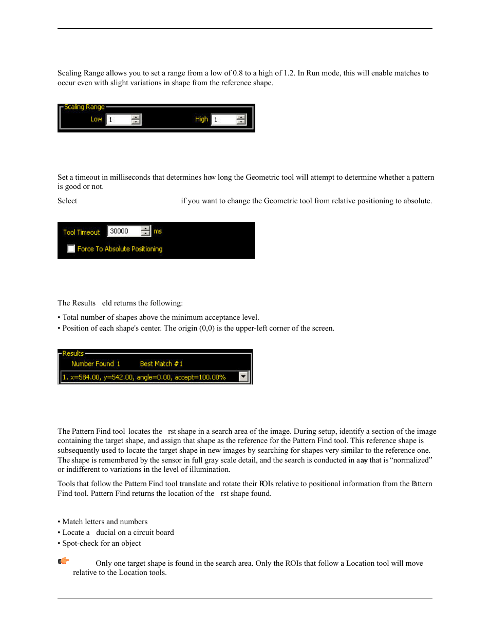 Scaling range, Tool timeout and absolute positioning, Results | 3 pattern find tool | Banner PresencePLUS Pro COLOR—PROII Camera User Manual | Page 112 / 392